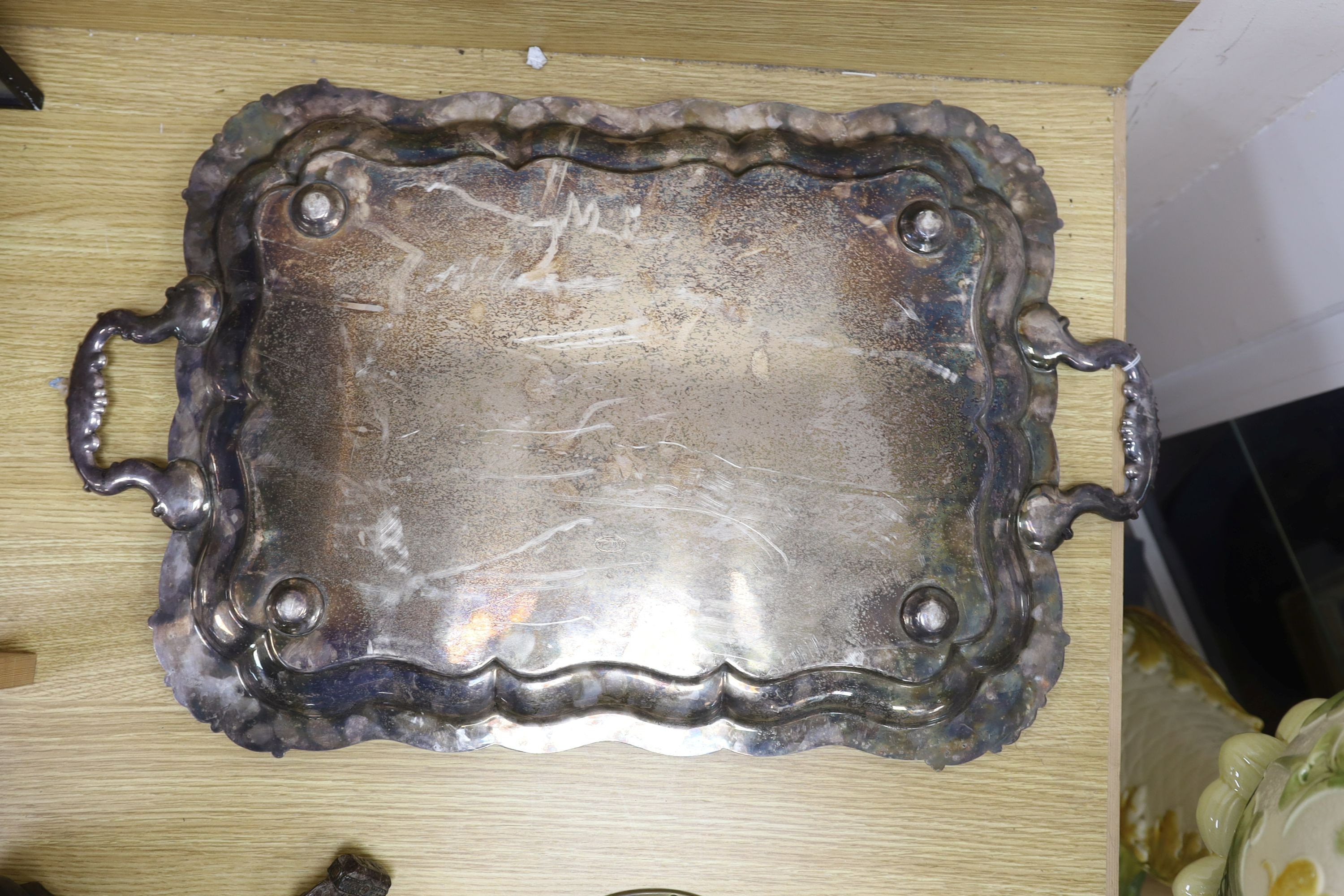 A large plated two-handled tray - 71cm long